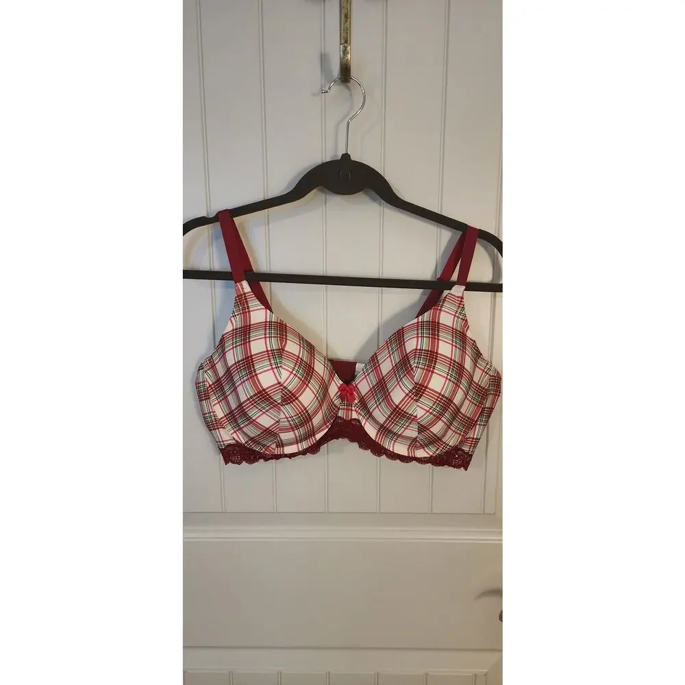 Adore Me Nare Bra 42D Plaid Full Coverage Contour Underwire Burgundy Lace